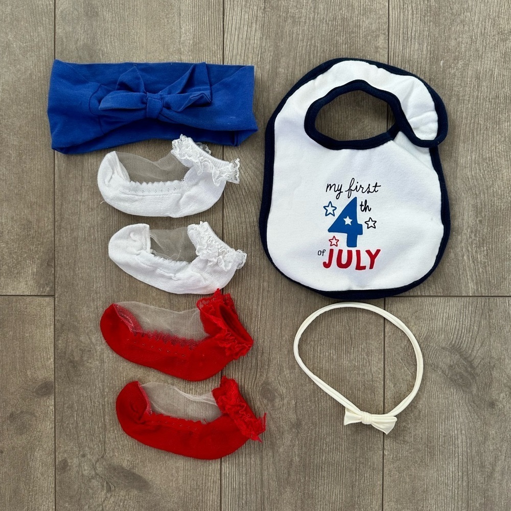 Baby girl first 4th of July accessory lot- bib, socks and headbands